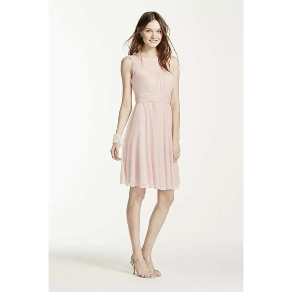 Davids Bridal Blush Pink Mesh Overlay Ruched Waist Cocktail Dress Size 12
